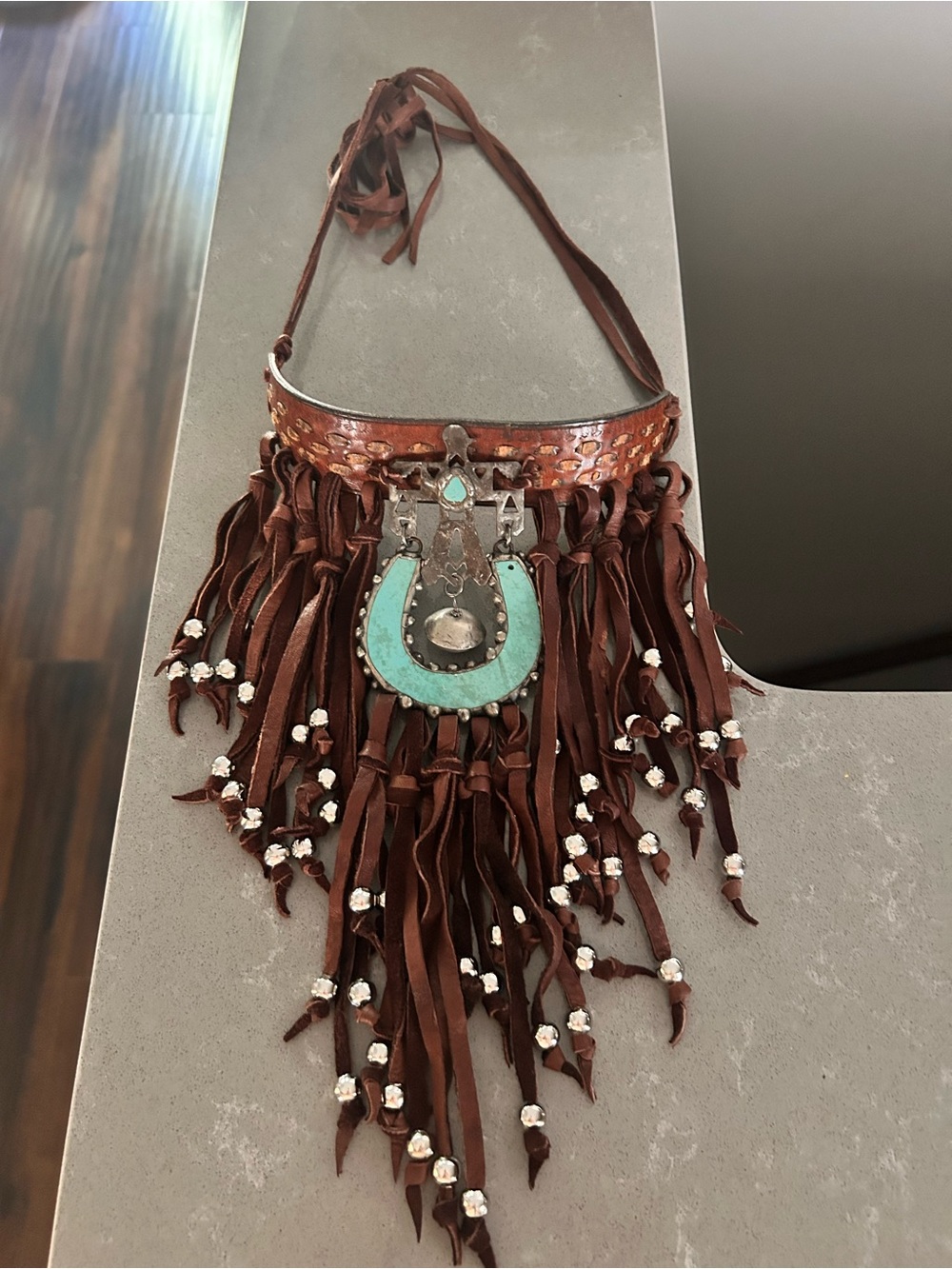 Bohemian Brown Fringe Necklace with Turquoise Accent